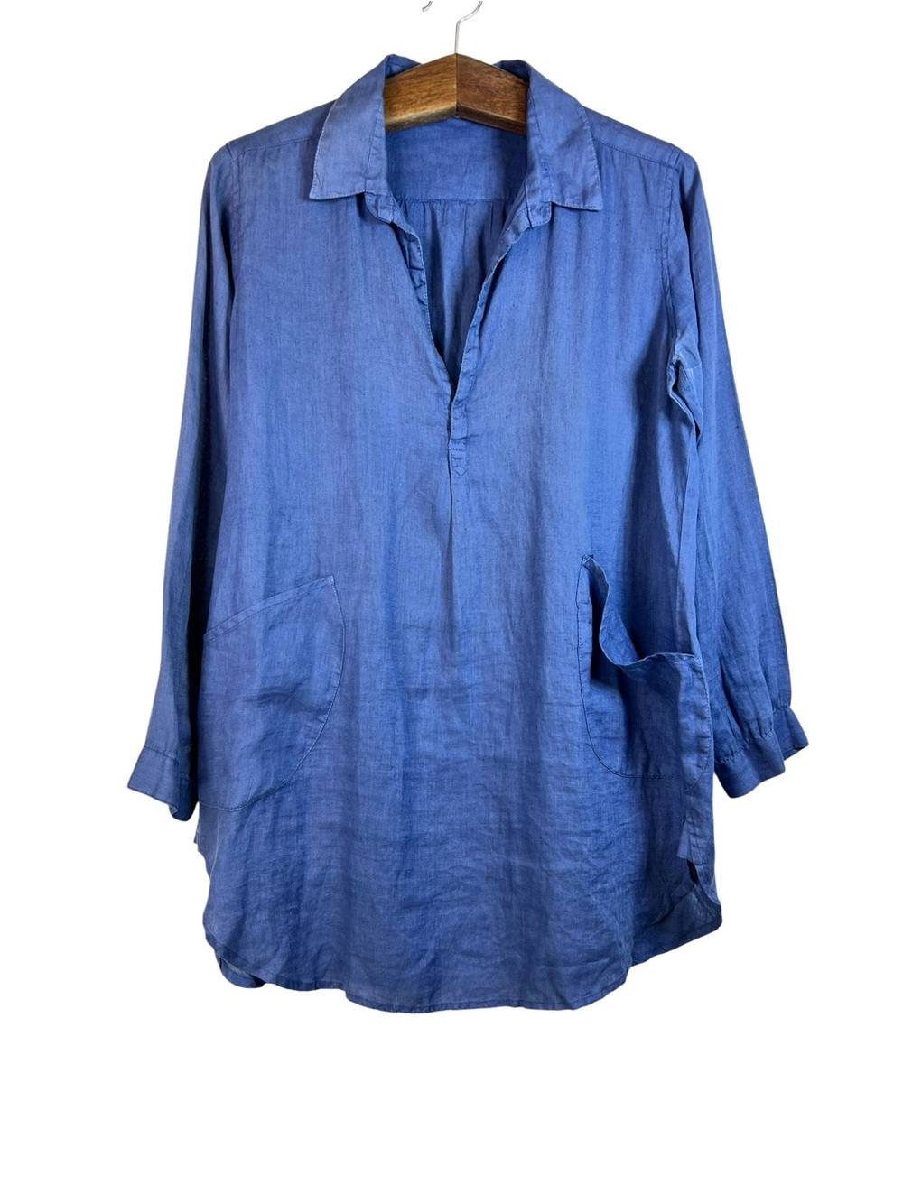Dolma Linen Blue Tunic Blouse/Dress Pockets Collared Size L Boho Lagenlook